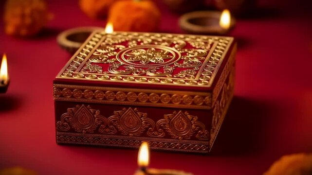 Beautiful Diwali gift box, decorated with gold pattern, moves among lit clay oil lamps and sweets on red ground, festival celebration footage.