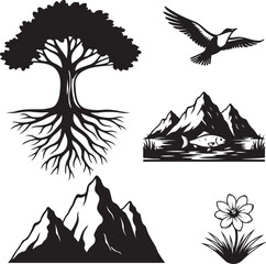 Nature conservation vibe sketch vector with flying eagle, swimming fish in water, mountain landscape, blooming flowers, trees with roots and branches, wildlife and environment protection artwork.
