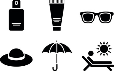 Vector summer icons: sun, hat, umbrella, sunglasses, sunscreen