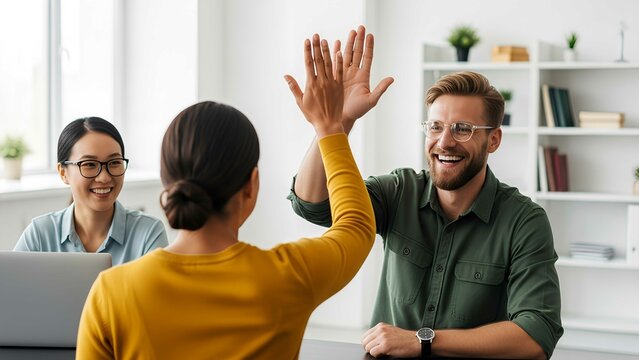 Business team celebrating success at work with high fives and smiles in a bright modern office. Happy coworkers achieving goals together.