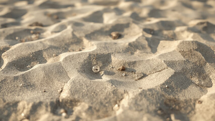 Close-up Textured Sand Waves with Natural Pebbles and Sparkling Crystal Beads in Sunlight