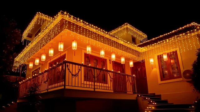 House illuminated with festive string lights and lanterns at night for Diwali celebration, holiday event footage. - Powered by Adobe