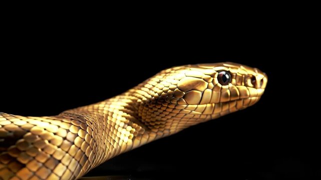 Detailed Golden Snake Head and Coiled Body on Black Background Wildlife Close Up