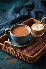 Steaming cup of rich hot chocolate sits on a woven tray alongside a small dish of whipped cream and a dark chocolate bar; cocoa powder scattered nearby