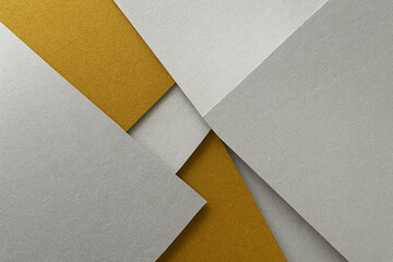 Abstract geometric paper background in white, gray, and gold layered composition