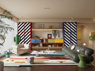 interior, showcasing a striking rug, unique furniture pieces, bold patterned cabinets, and playful...