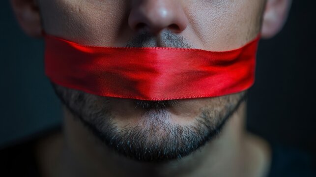 A man's face is covered in red tape, giving the impression of being tied up. Concept of restraint and captivity, as if the man is being held against his will. The red tape adds a dramatic