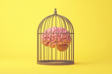A brain is in a cage, which is a metaphor for the confinement of the mind. The cage is made of metal bars, which symbolize the limitations and restrictions that can be placed on the brain