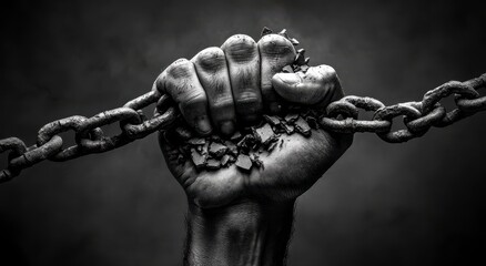 A hand is holding a chain, with the chain wrapped around the hand and the fingers. Concept of struggle and oppression, as if the person is being held back or restrained