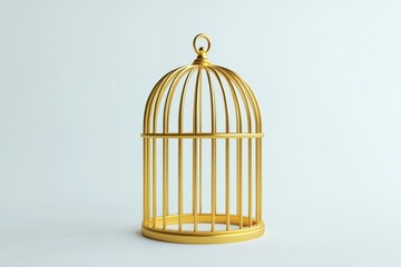 A gold cage with a golden bird inside. The cage is empty and the bird is not visible