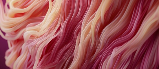 A close up of pink and orange hair with a purple background. The hair is made of spaghetti noodles