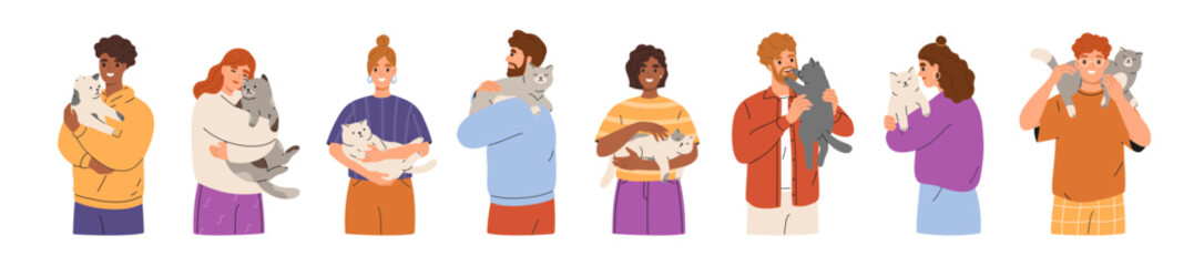 Cute set of people holding cats. Happy men and women hold in arms domestic pet show love and care. Pet owners portrait with adorable kitties. Human and feline animals friendship. Flat illustration.