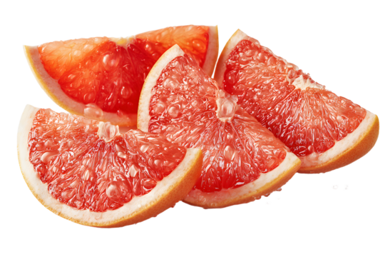 Four grapefruit slices with juice drops isolated on transparent background close up