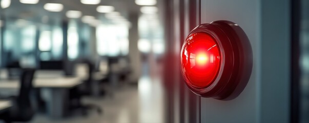 A red button is on a wall in a room. The room is empty and has a lot of chairs