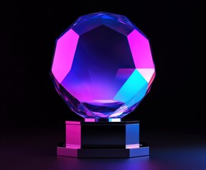 A large, colorful crystal sits on a black background. The crystal is surrounded by a dark, almost black, background. The colors of the crystal are bright and vibrant, creating a sense of energy