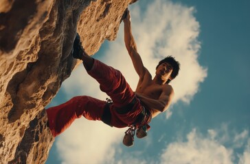 A man is climbing a rock wall in red pants. The man is wearing a red shirt and no shirt. The sky is blue and cloudy