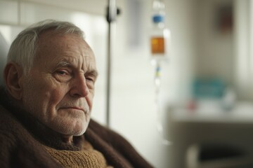 An old man with a white beard and a brown sweater is sitting in a hospital bed. He looks sad and tired