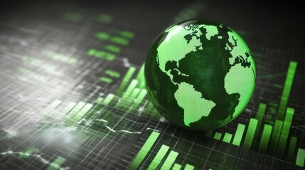 A green globe sits on a black background with a series of green lines. The globe is surrounded by a series of green lines that appear to be graphs