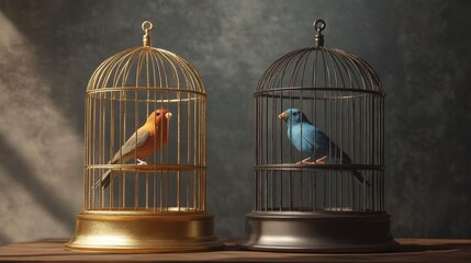 Two birds in a cage, one is blue and the other is red. The cage is gold and black