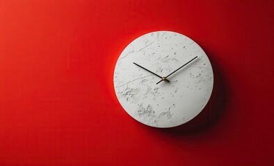 A white clock with black hands sits on a red wall. The clock is set at 11:30