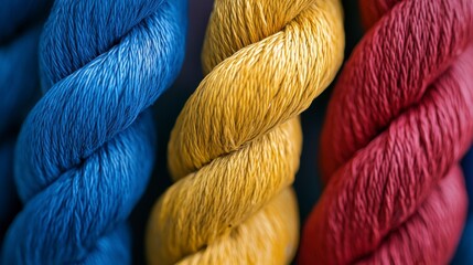 Three different colored yarns are twisted together to form a rope. The colors are blue, yellow, and red. The rope has a spiral shape