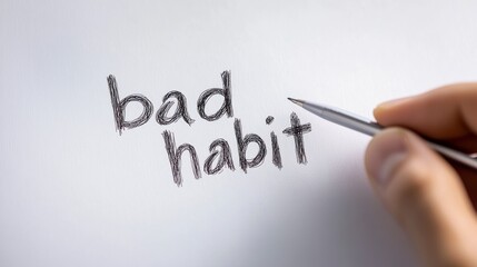 A person is writing the word "bad habit" on a piece of paper with a pen. Concept of self-improvement and the importance of breaking negative habits