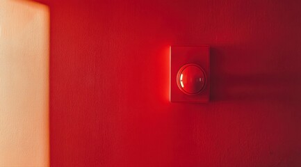 A red button with a white circle on it. The button is on a wall