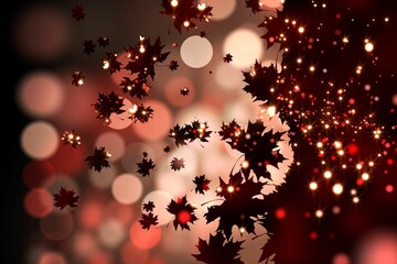 Abstract digital maple leaf silhouettes are drifting across dark background with bokeh sparkles