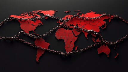 A black and red world is surrounded by a chain. The chain is red and black, and it wraps around the world in a tight, constricting manner. Concept of confinement and restriction