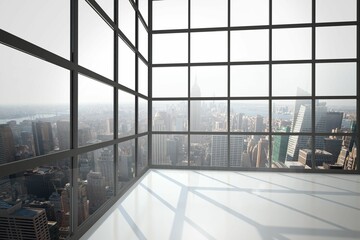 Room with large window showing city