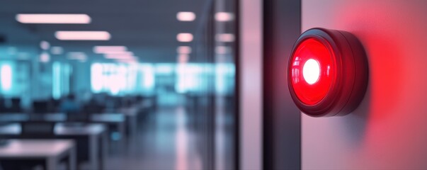 A red light is on a wall in a room. The room is empty and has a lot of windows