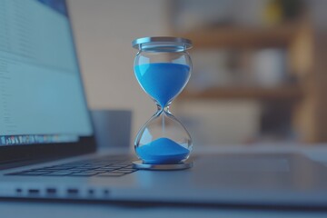 A blue hourglass sits on a laptop keyboard. The sand inside the hourglass is slowly trickling down, symbolizing the passage of time. Concept of urgency and the fleeting nature of time