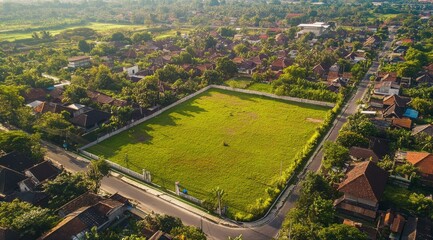 A large green field with a fence surrounding it. The field is located in a residential area with houses and buildings in the background