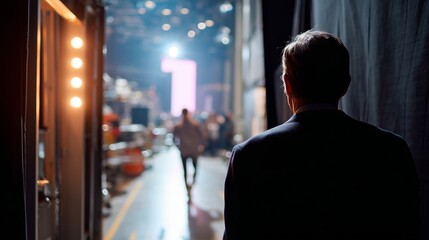 Man in suit backstage preparing for a performance with bright lights in the background during an evening event