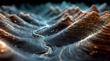 Abstract digital landscape with flowing topographical waves formed by intricate lines and glowing particles, creating an organic and technological pattern.