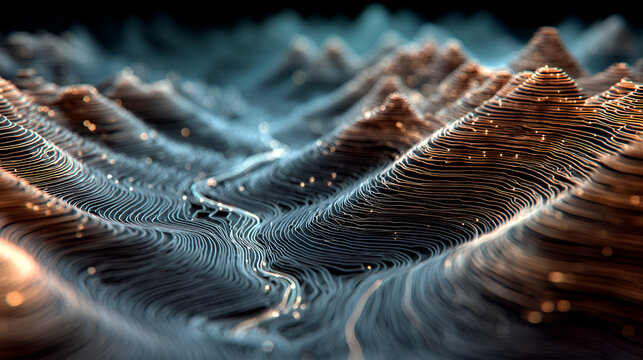 Abstract digital landscape with flowing topographical waves formed by intricate lines and glowing particles, creating an organic and technological pattern.