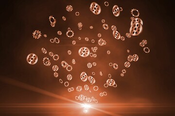 Metallic bronze gears are floating, scattering above light on orange-brown gradient in flat design