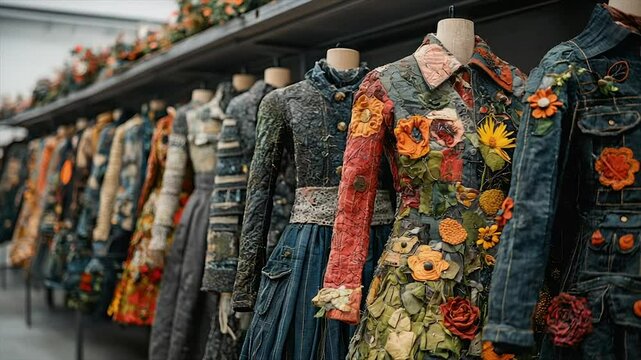 Denim jackets and dresses adorned with vibrant floral appliqu?s displayed on mannequins