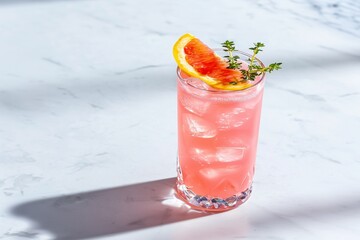 A refreshing grapefruit and thyme mocktail served in an elegant crystal glass, set on a marble table in bright, natural sunlight.