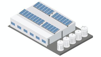 Isometric view of industrial building with solar panels and storage tanks in a clean design