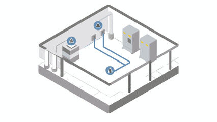 Isometric view of a room with electrical equipment and blue wiring diagram connections displayed