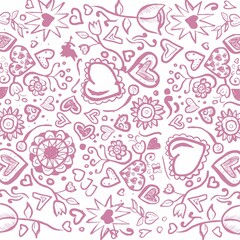 Composition of flowers and hearts icons on white background