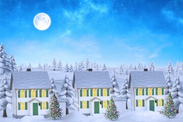 Obraz premium Three white houses glowing under full moon on snowy pine hills, featuring decorated Xmas trees