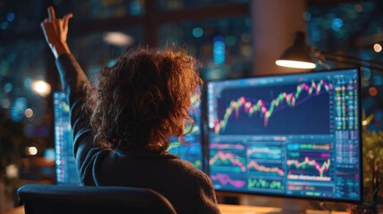Stock market success concept: A joyful female investor raising her hand in celebration as her virtual investment in oil stocks rises sharply on a digital trading screen. 