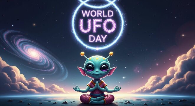 Cute alien meditating under a neon "World UFO Day" sign in space, celebration of alien life and cosmic peace.