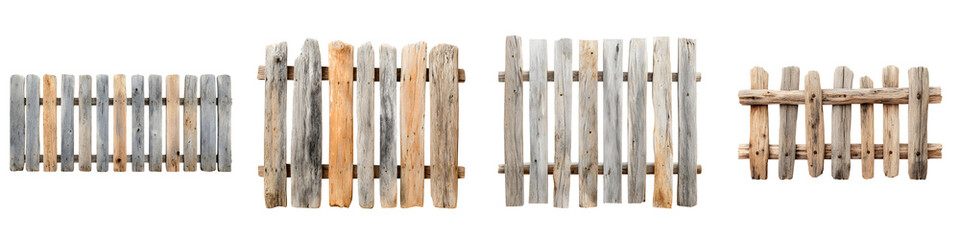 Four sections of weathered wood fences isolated on white, showing rustic textures and varied designs, perfect for backgrounds or design elements.