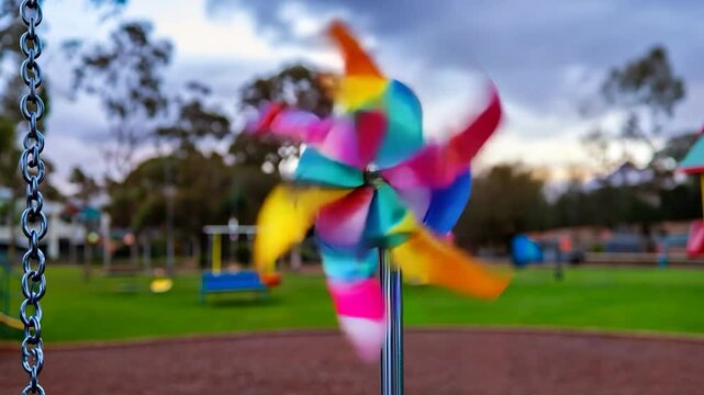 Colorful pinwheel spinning in a park