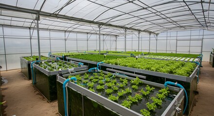 Hydroponic Greenhouse Cultivation: Rows of Lush Green Lettuce and Other Leafy Greens Growing in a Controlled Environment with Sustainable Agricultural Practices for Food Production.