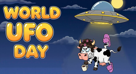 World UFO Day cartoon image of a flying saucer abducting an angry cow in curlers and slippers for alien concept.