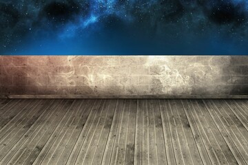 Flat design wooden deck and brick wall are showing deep starry night sky with nebula clouds